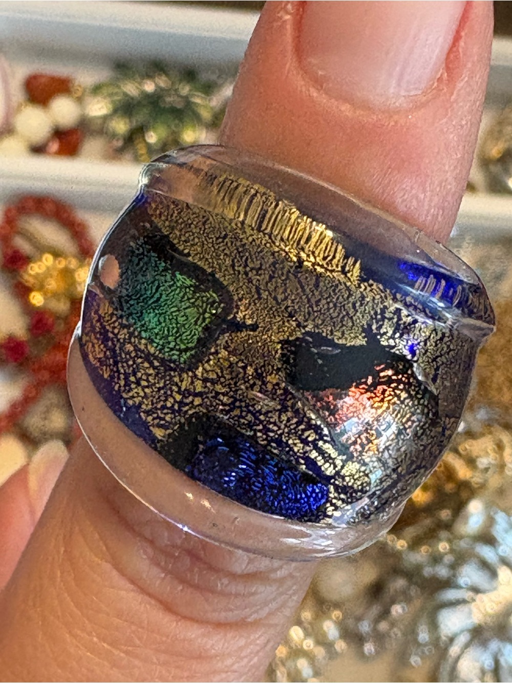 Vintage Dichroic Art Glass Ring Blue Green Gold Size 6.5